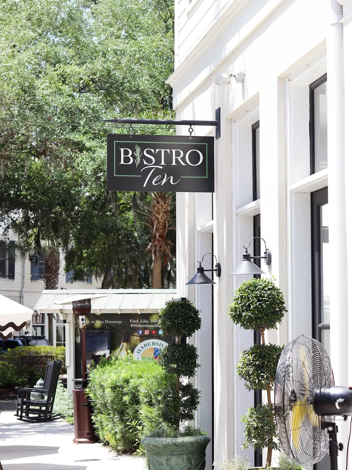 The Bistro Ten hanging sign outside the restaurant on Market Street in Habersham